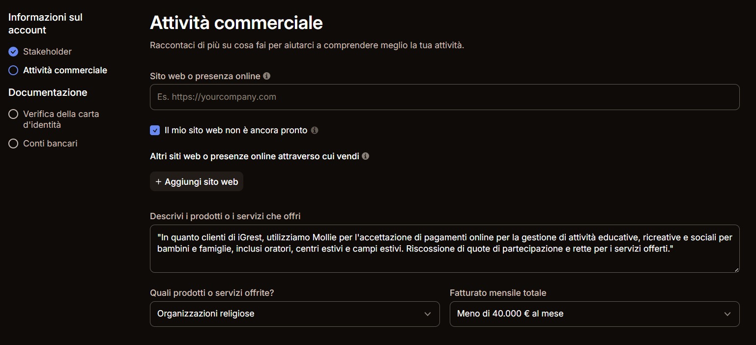 Schermata Attività commerciale Mollie