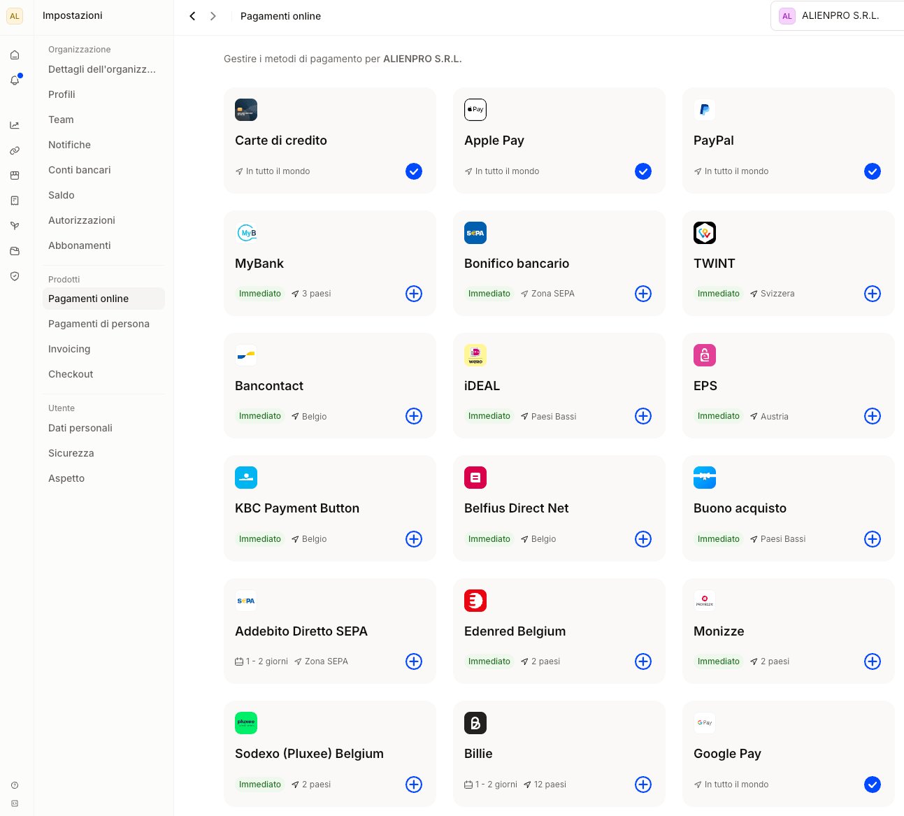 Dashboard metodi di pagamento Mollie