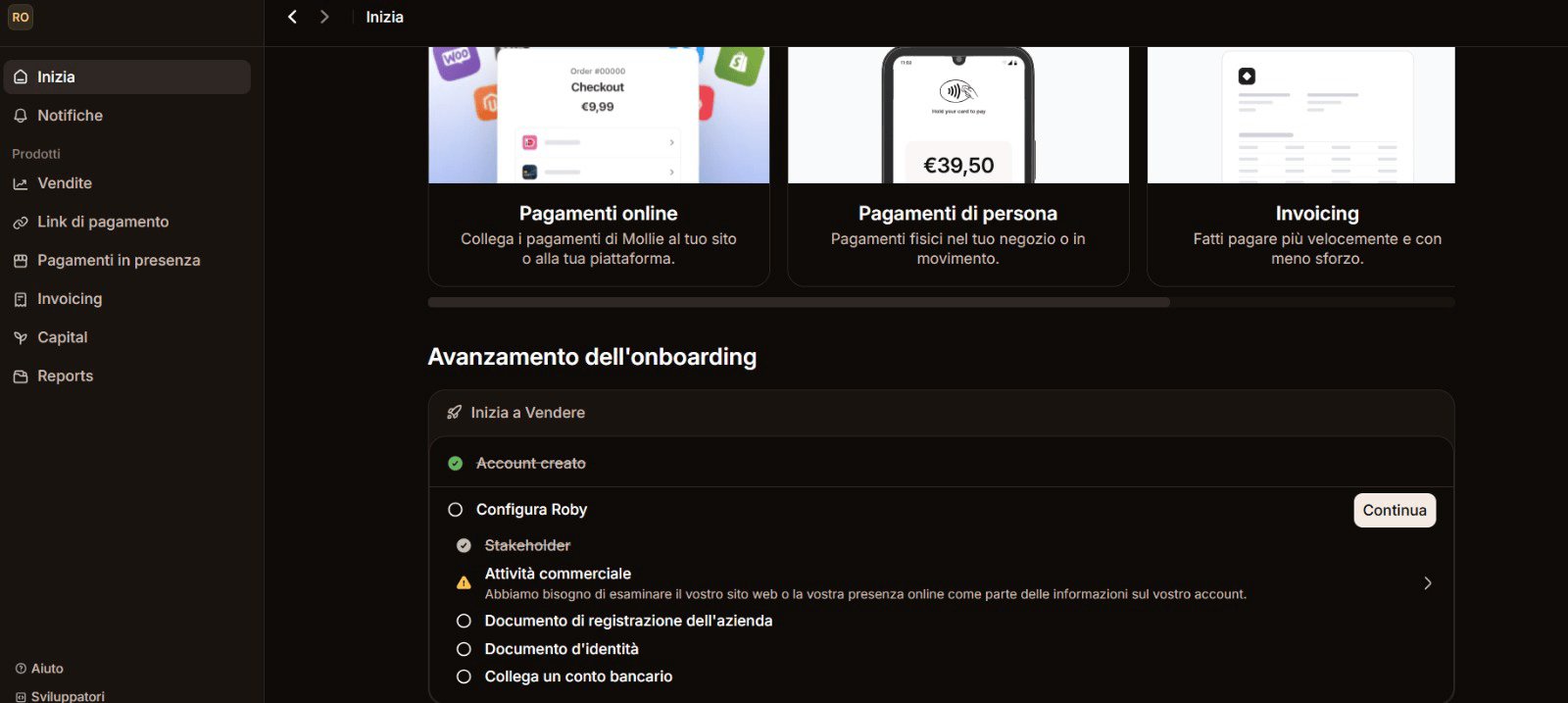 Dashboard Mollie - Avanzamento onboarding