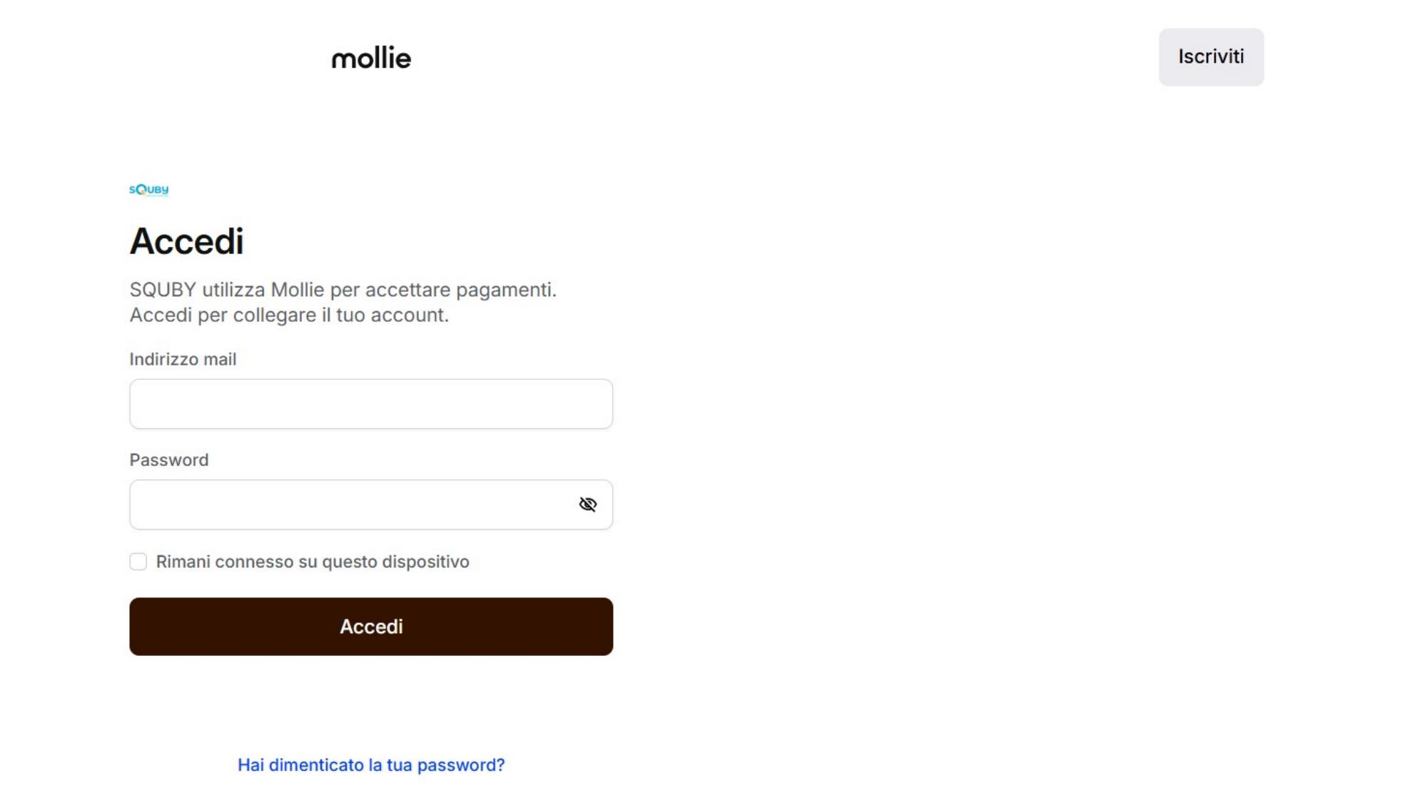 Pagina login Mollie con bottone Iscriviti