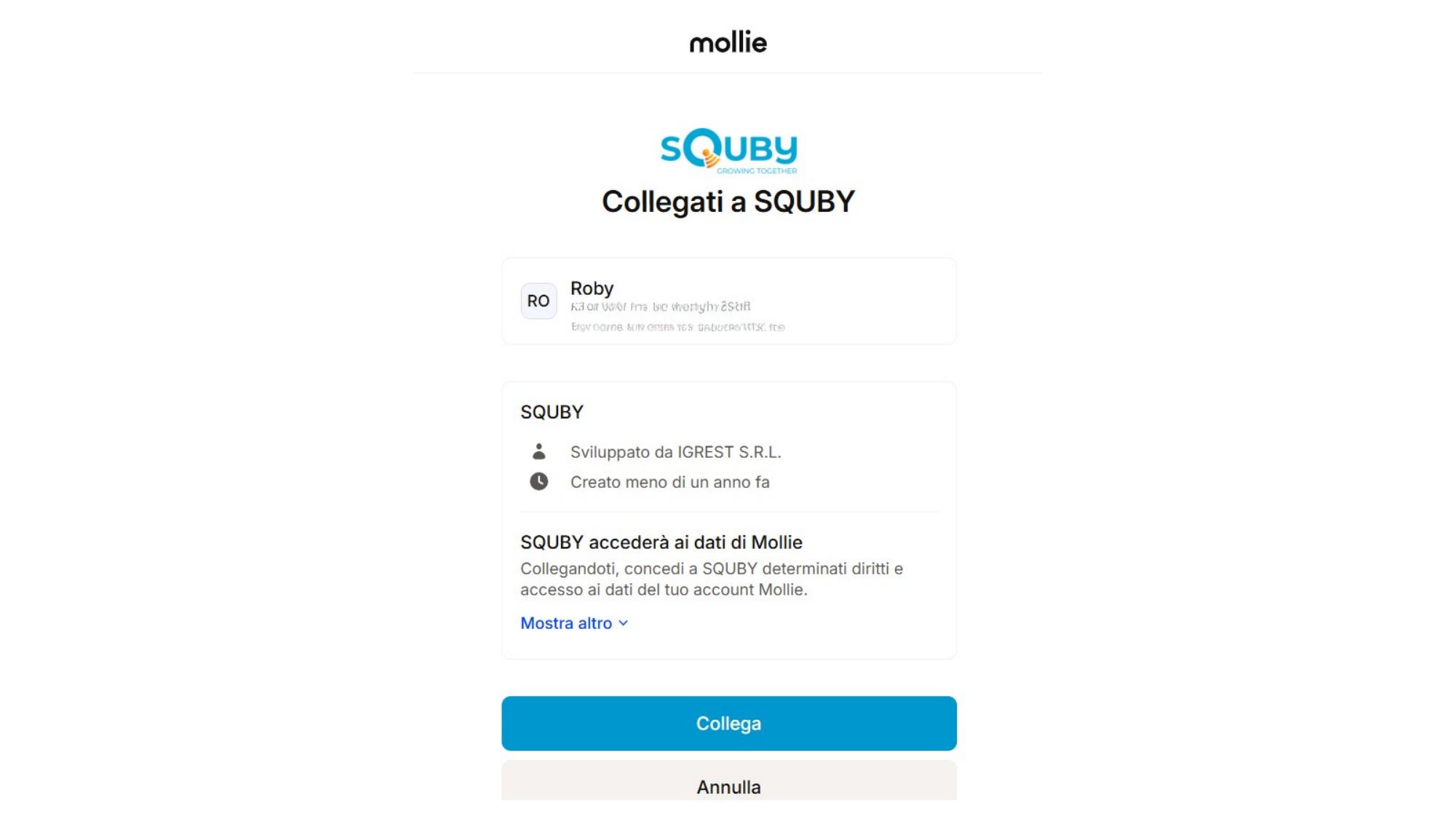 Schermata collegamento Squby a Mollie