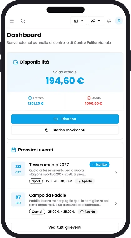 App SQUBY su smartphone con credito e prossimi eventi