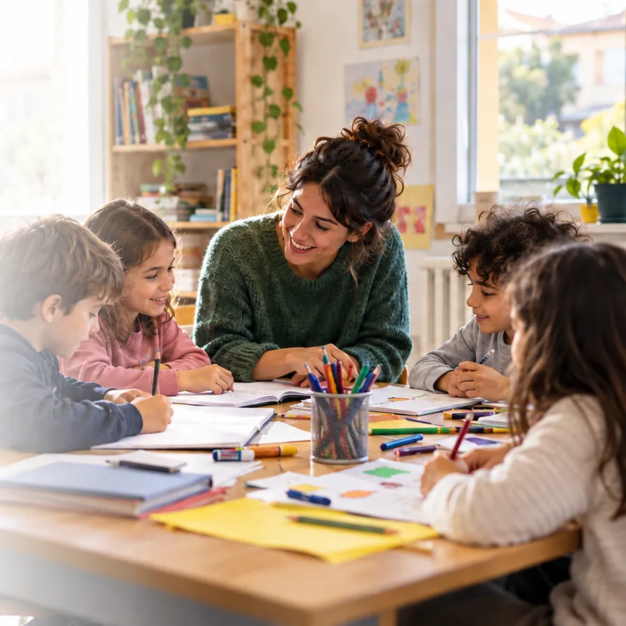 Educatrice con un gruppo di bambini al doposcuola