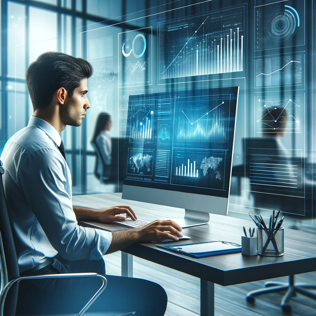 Impiegato d'ufficio che sta consultando un software gestionale in un ambiente professionale, moderno e tecnologicamente avanzato.