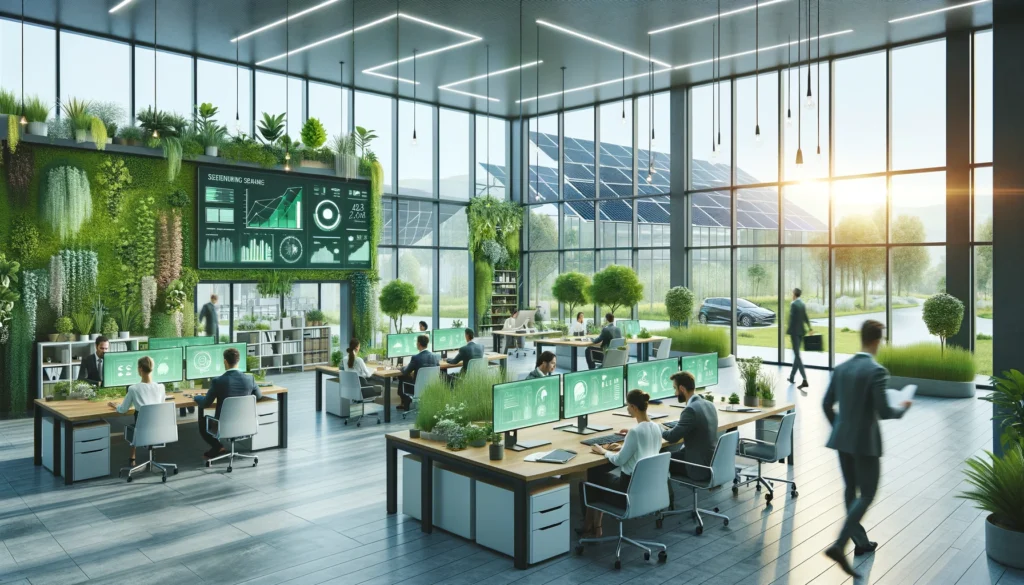 Ufficio moderno e tecnologicamente avanzato che promuove la sostenibilità ambientale.